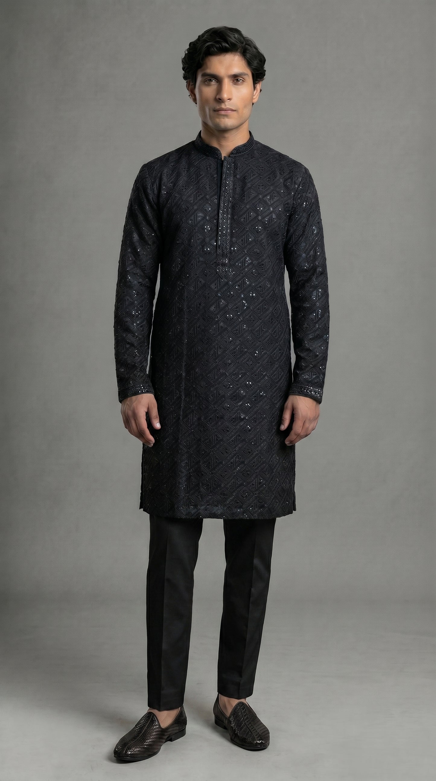 Geometric Kurta Set With Black Sequins- Black