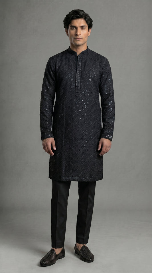 Geometric Kurta Set With Black Sequins- Black