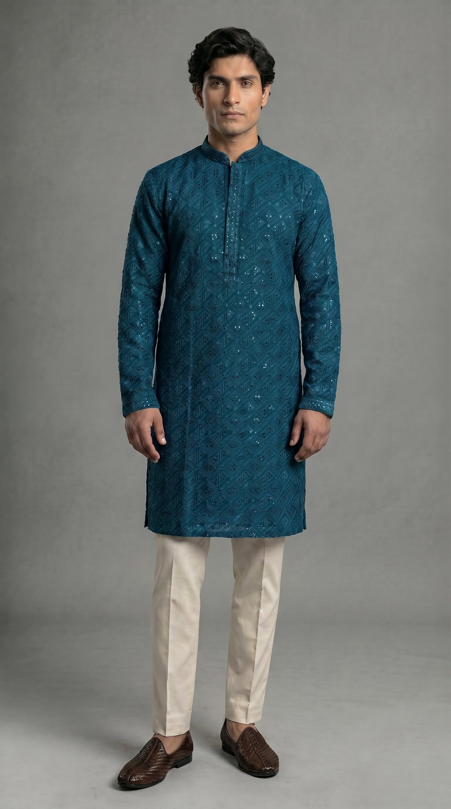 Geometric Kurta Set With Black Sequins- Teal Blue