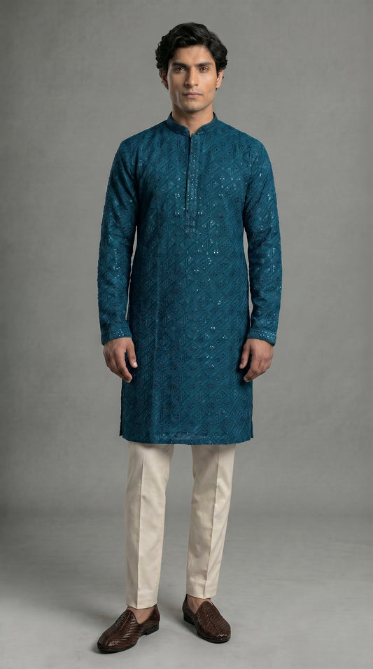 Geometric Kurta Set With Black Sequins- Teal Blue