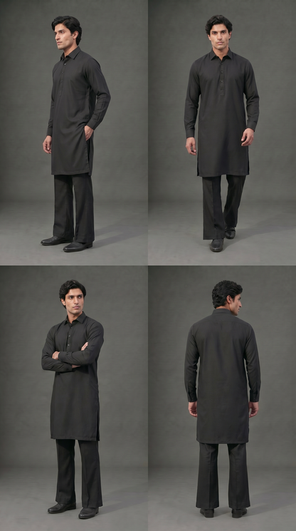 Premium Black Shirt Collar Kameez Flared Pajama Suit (P163) - Slim Fit