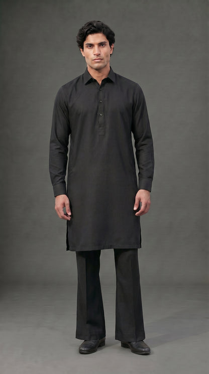 Premium Black Shirt Collar Kameez Flared Pajama Suit (P163) - Slim Fit