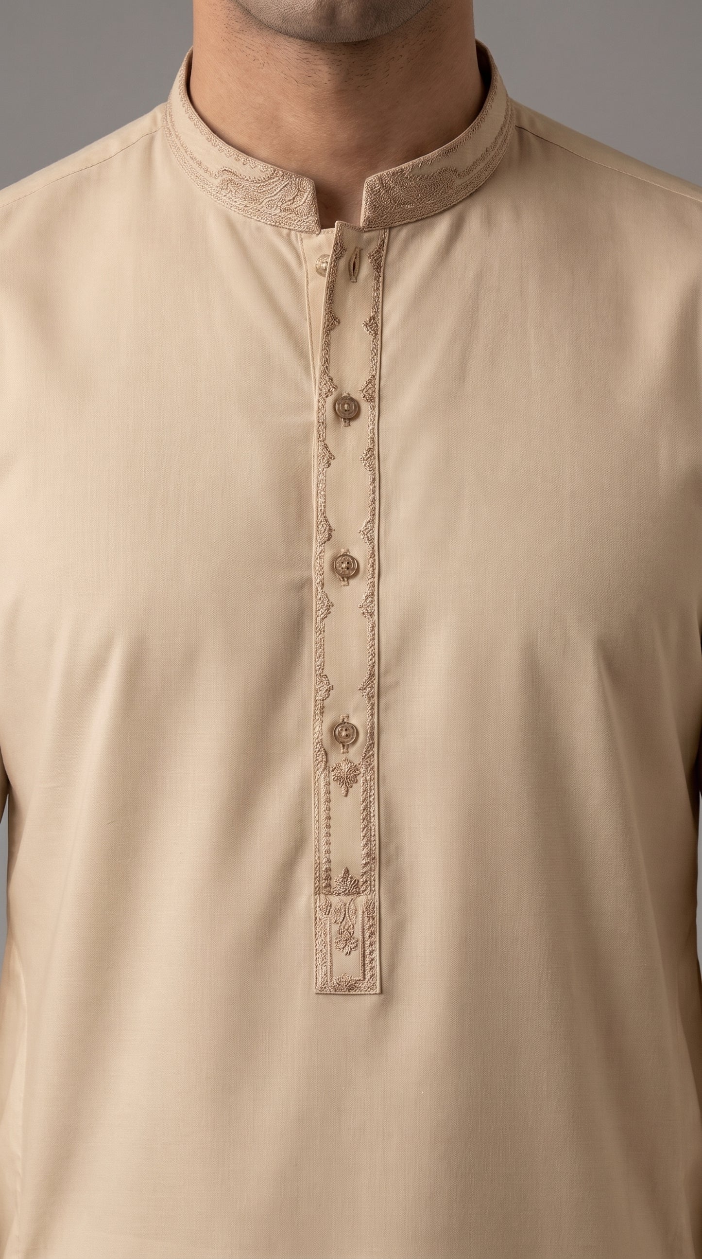 Beige Embroidered Kameez Trouser Suit (P138) - Slim fit