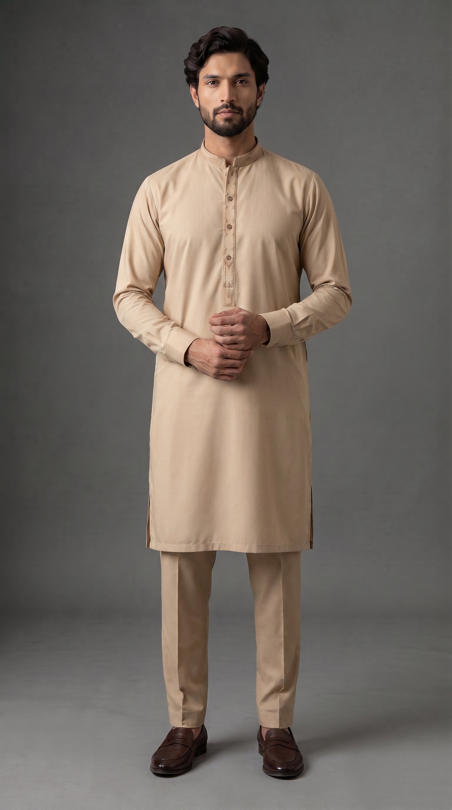 Beige Embroidered Kameez Trouser Suit (P138) - Slim fit