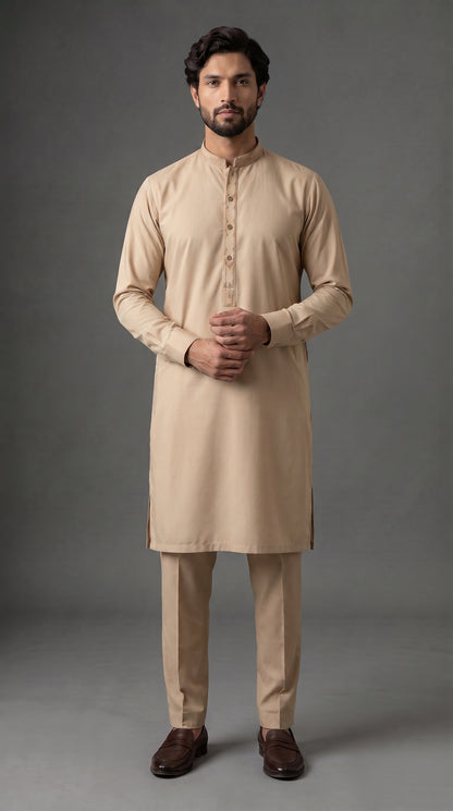 Beige Embroidered Kameez Trouser Suit (P138) - Slim fit