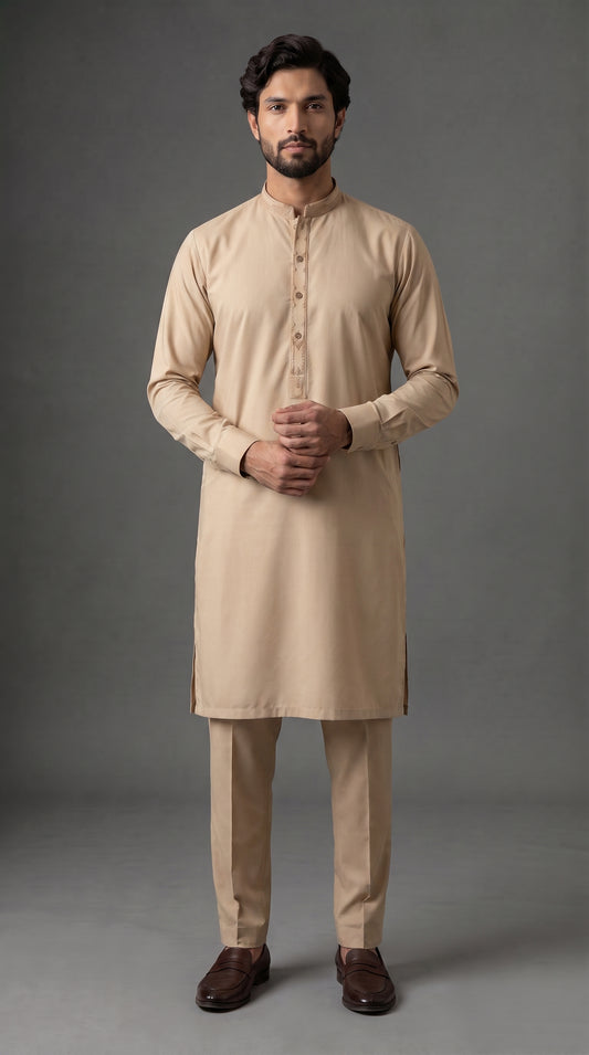 Beige Embroidered Kameez Trouser Suit (P138) - Slim fit