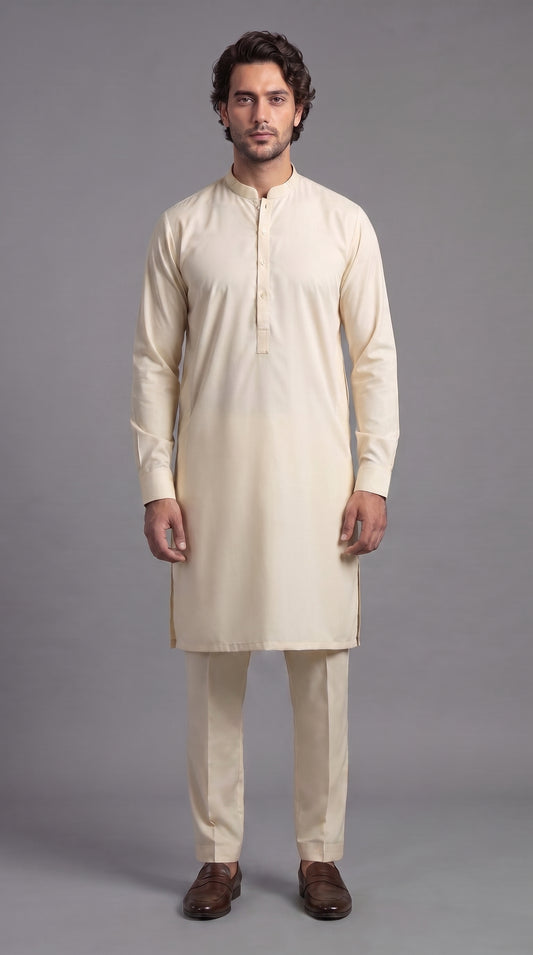 Premium Cream Kameez Trouser Suit (P130) - Slim Fit