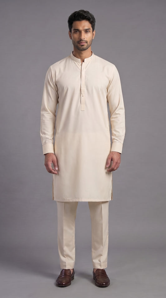 Premium Cream Kameez Trouser Suit (P131) - Slim Fit