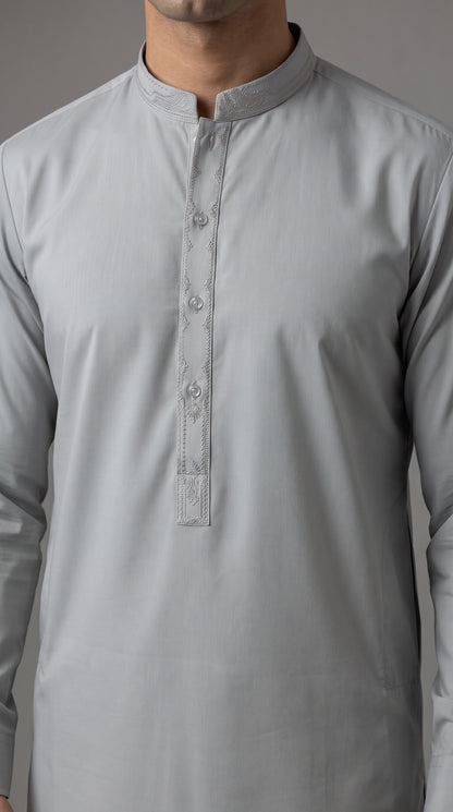 Light Blue Grey Embroidered Kameez Trouser Suit (P138) - Slim Fit