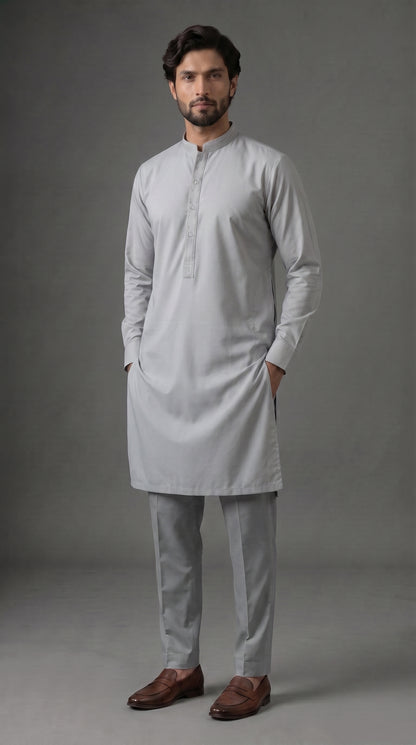 Light Blue Grey Embroidered Kameez Trouser Suit (P138) - Slim Fit