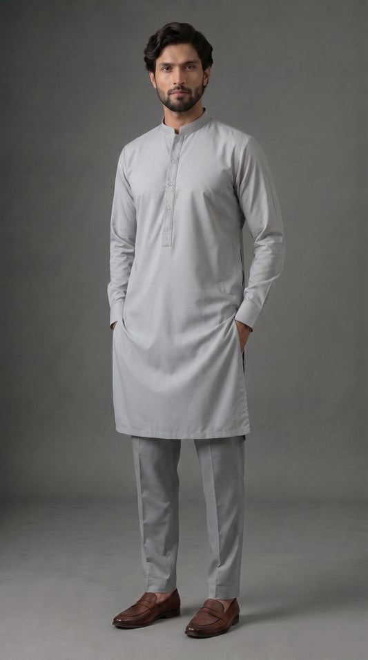 Light Blue Grey Embroidered Kameez Trouser Suit (P138) - Slim Fit