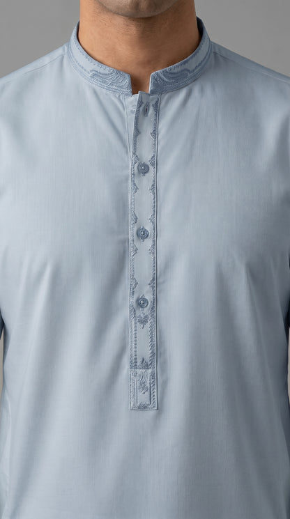 Light Sky Blue Embroidered Kameez Trouser Suit (P138) - Slim fit
