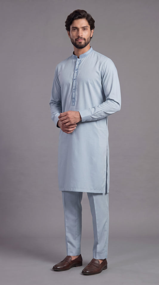 Light Sky Blue Embroidered Kameez Trouser Suit (P138) - Slim fit
