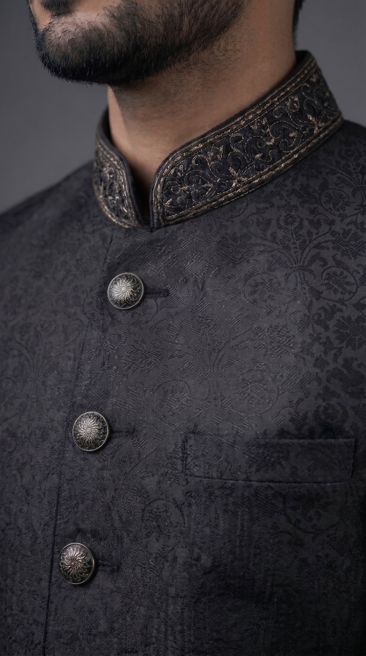 Classic Noir Slub Jacquard Sherwani with Golden Embroidered Collar