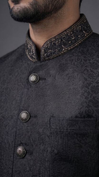 Classic Noir Slub Jacquard Sherwani with Golden Embroidered Collar