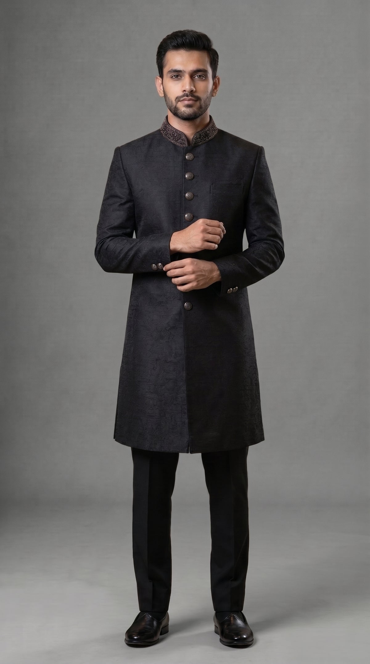 Classic Noir Slub Jacquard Sherwani with Golden Embroidered Collar