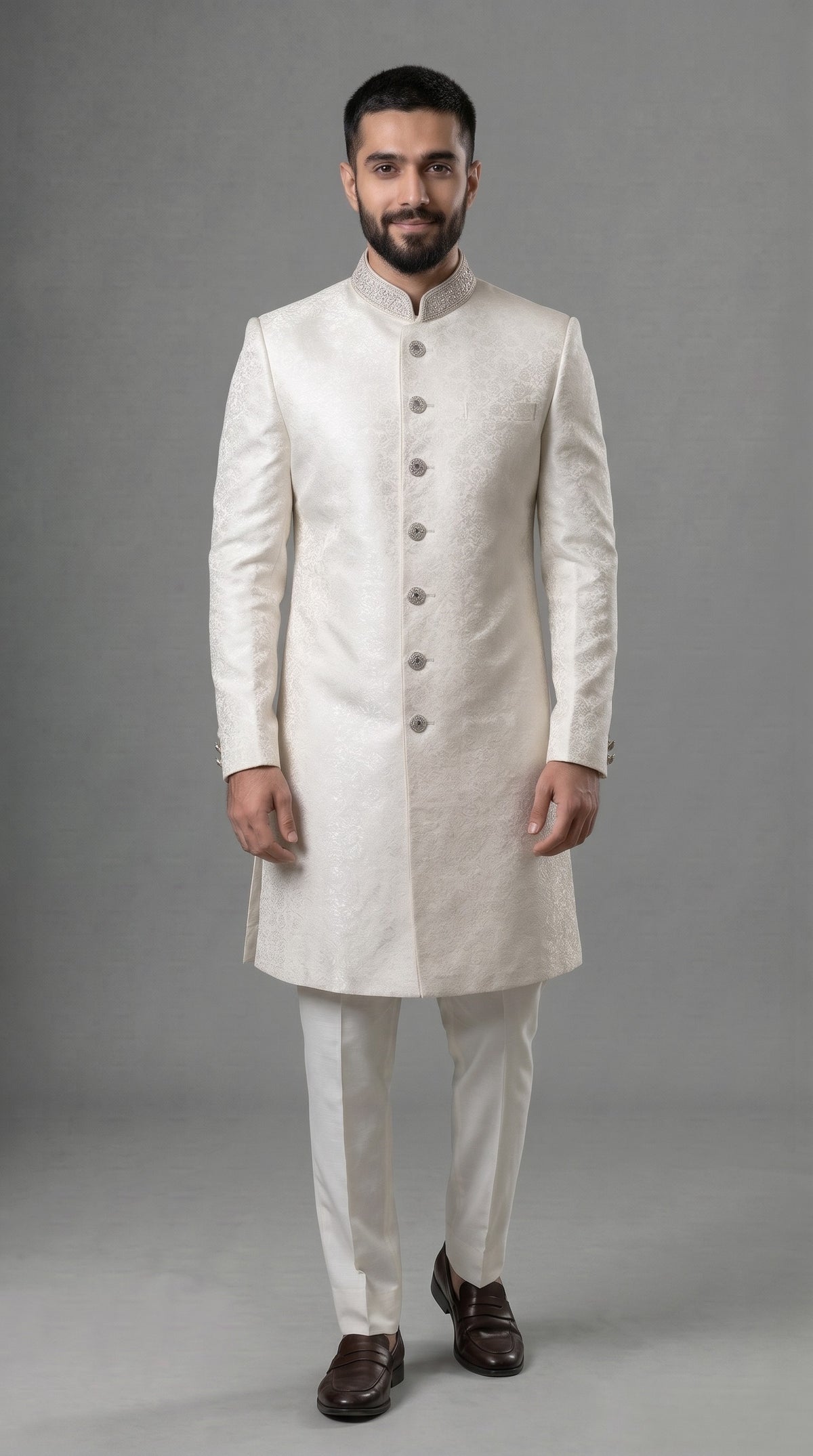 Classic Offwhite Slub Jacquard Sherwani with Silver Embroidered Collar