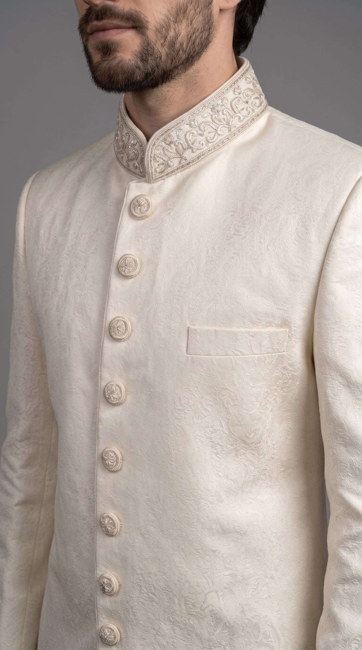 Light Cream Jamawar Sherwani with Embroidered Collar