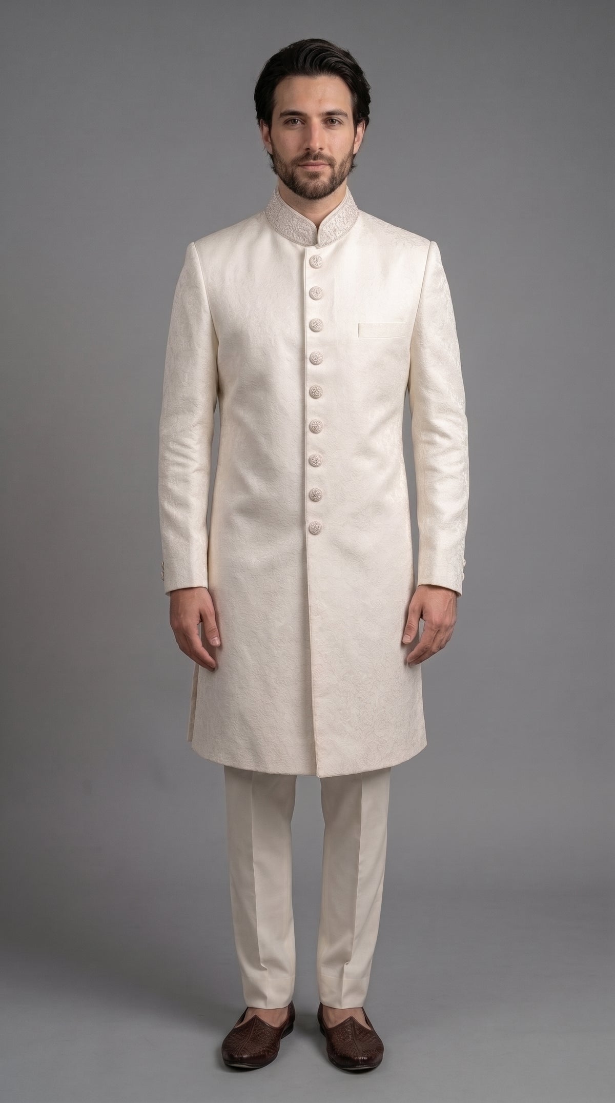 Light Cream Jamawar Sherwani with Embroidered Collar