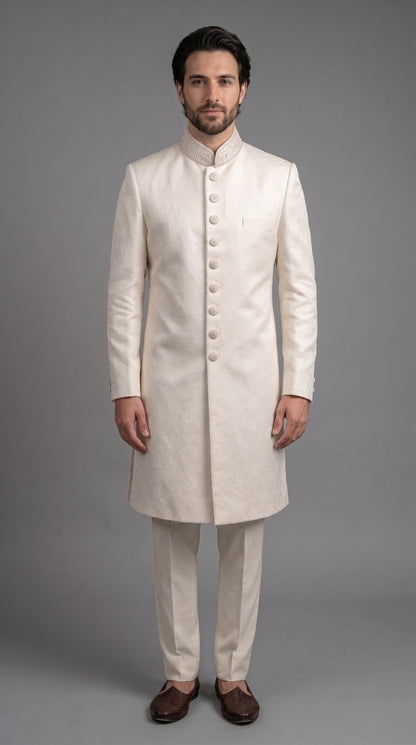 Light Cream Jamawar Sherwani with Embroidered Collar