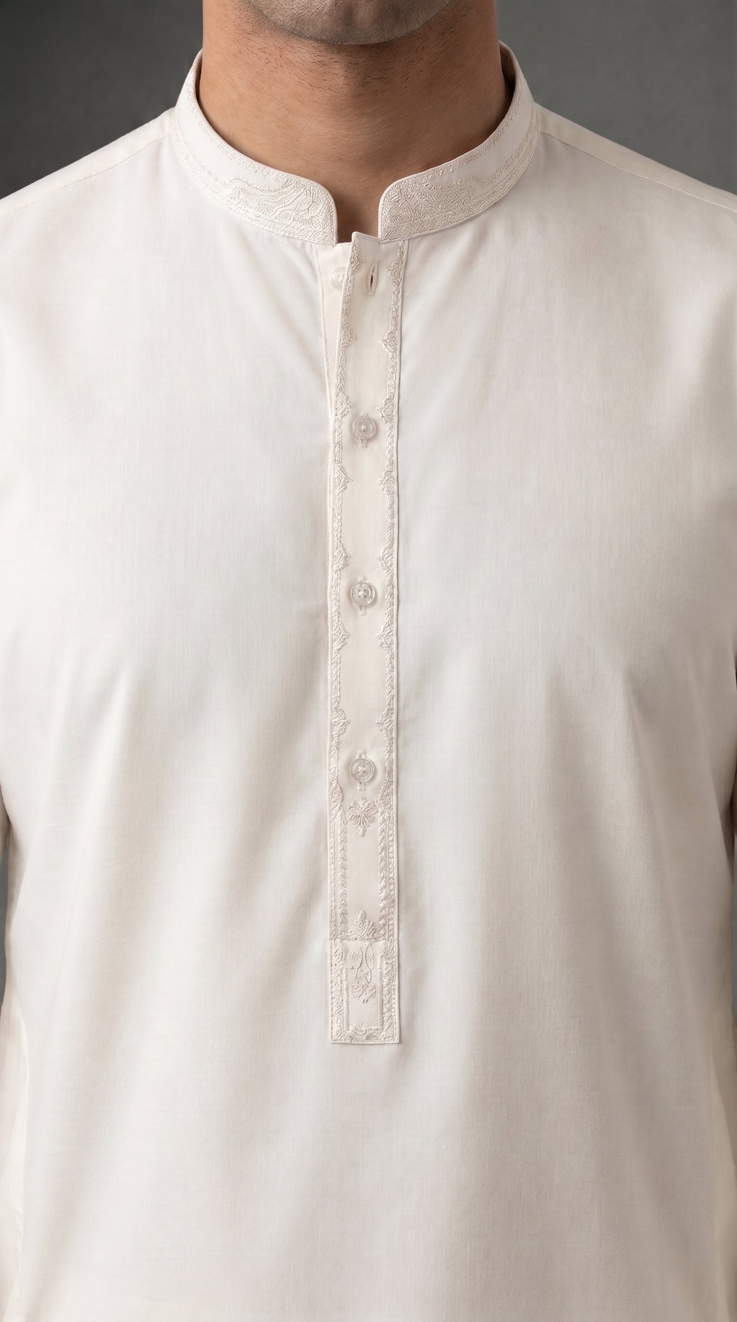 Off-White Embroidered Kameez Trouser Suit (P138) - Slim fit