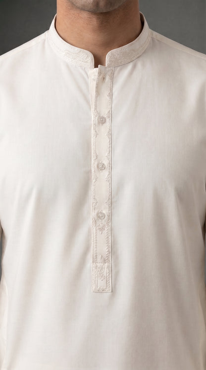Off-White Embroidered Kameez Trouser Suit (P138) - Slim fit