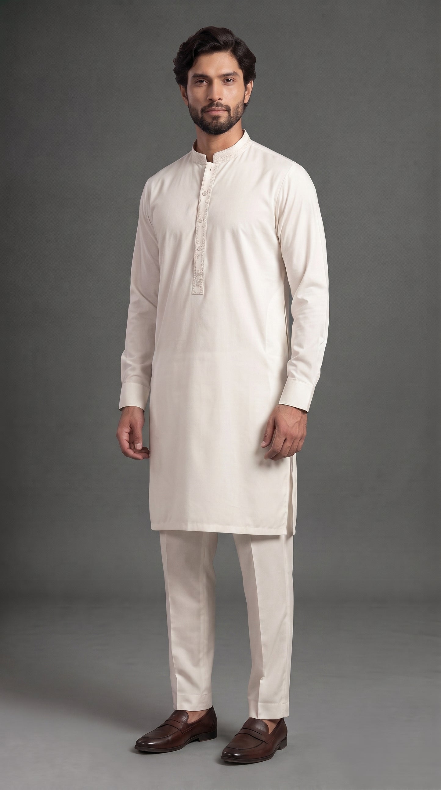 Off-White Embroidered Kameez Trouser Suit (P138) - Slim fit