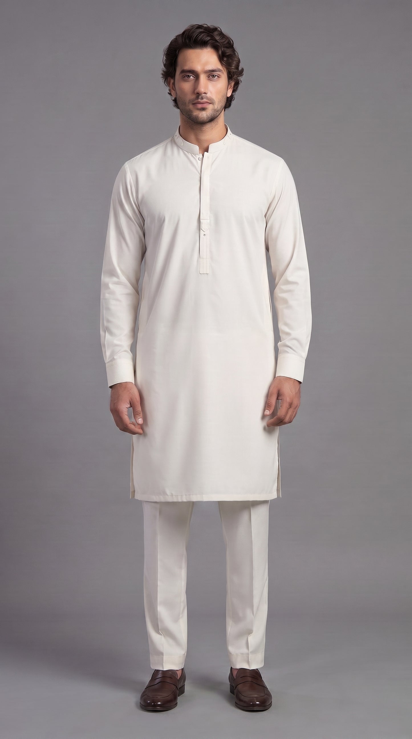 Premium Off-White Kameez Trouser Suit (P131) - Slim Fit