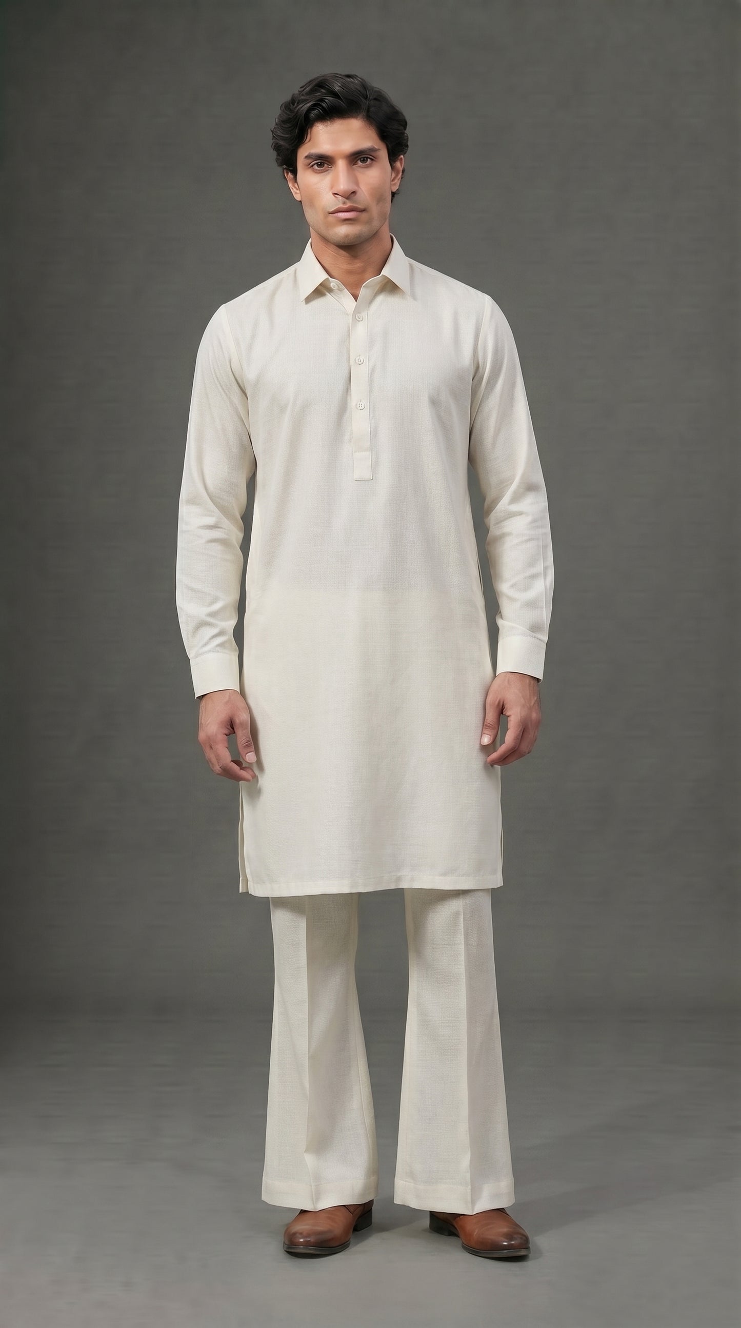 Premium Off-White Shirt Collar Kameez Flared Pajama Suit (P163) - Slim Fit