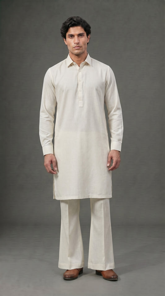 Premium Off-White Shirt Collar Kurta Flared Pajama Suit (P163) - Slim Fit
