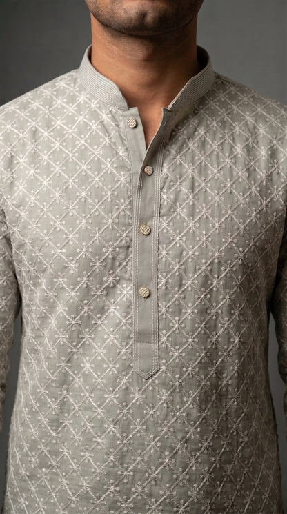 Chikkan Kari Kurta Set with white embroidery - Sage Gray
