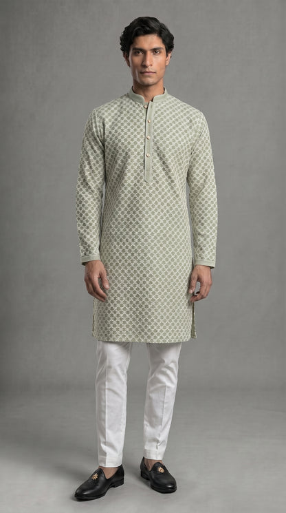 Chikkan Kari Kurta Set with white embroidery - Sage Gray