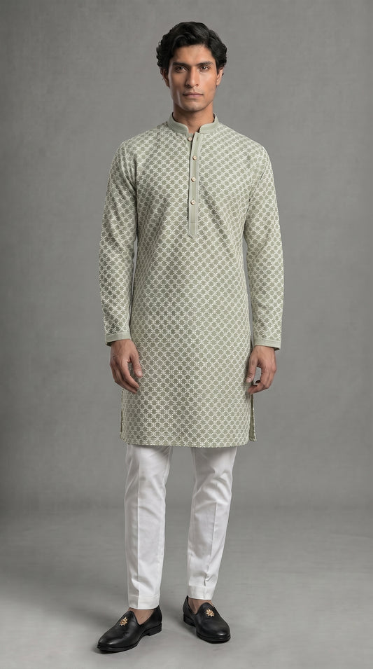 Chikkan Kari Kurta Set with white embroidery - Sage Gray