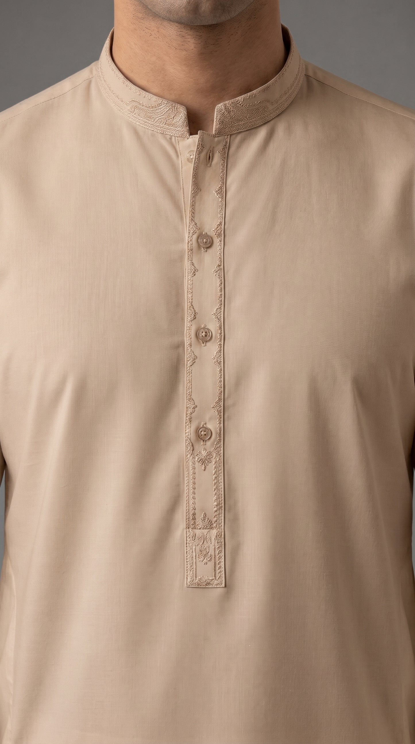 Fawn Embroidered Kameez Trouser Suit (P138) - Slim fit