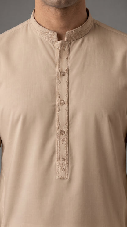 Fawn Embroidered Kameez Trouser Suit (P138) - Slim fit