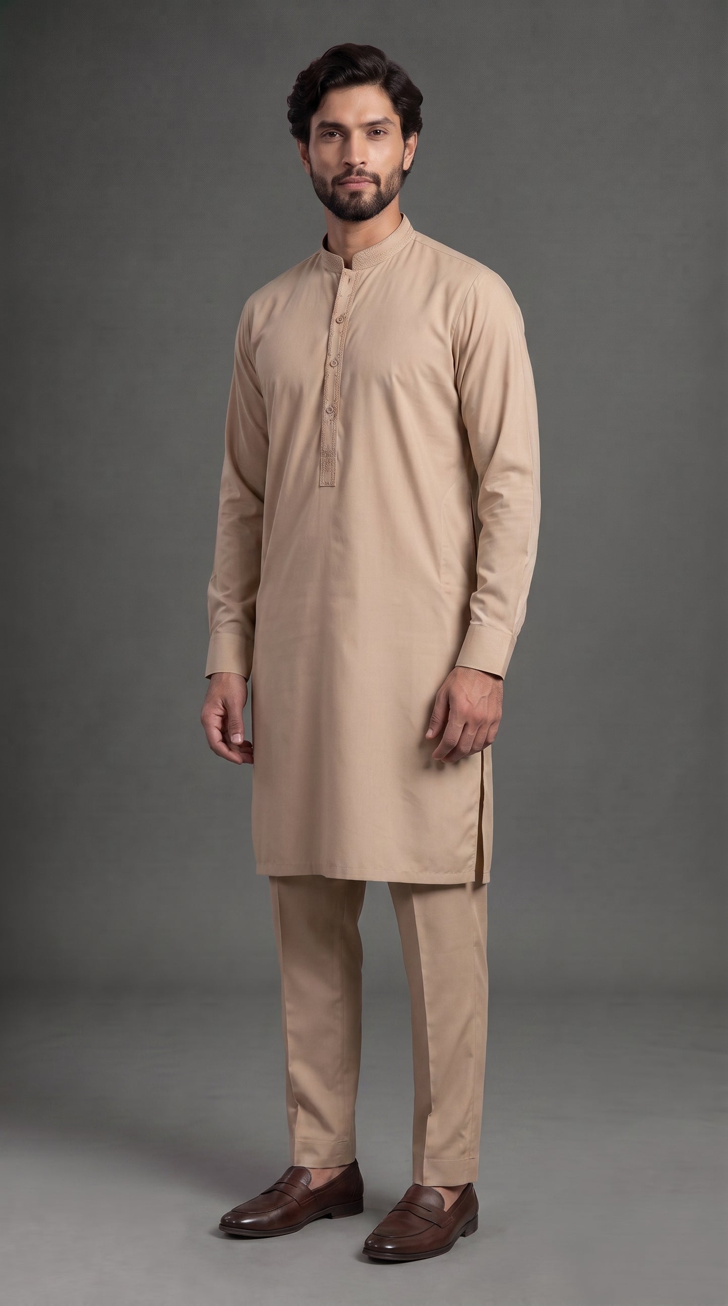 Fawn Embroidered Kameez Trouser Suit (P138) - Slim fit
