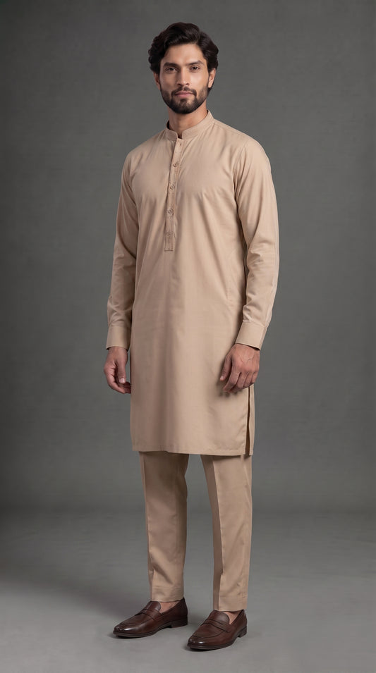 Fawn Embroidered Kameez Trouser Suit (P138) - Slim fit