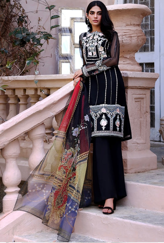 2-PC BLACK ORGANZA SHIRT WITH DIGITAL PRINTED DUPATTA