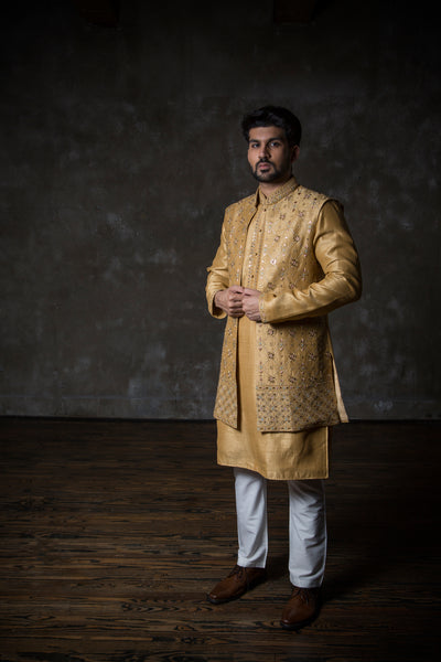 Dark Yellow Long Jacket Sleeveless with Matching Kurta and Off White Pants
