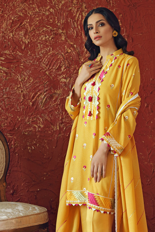 Gul Ahmed Yellow Embroidered 3-pc suit Karandi Dupatta