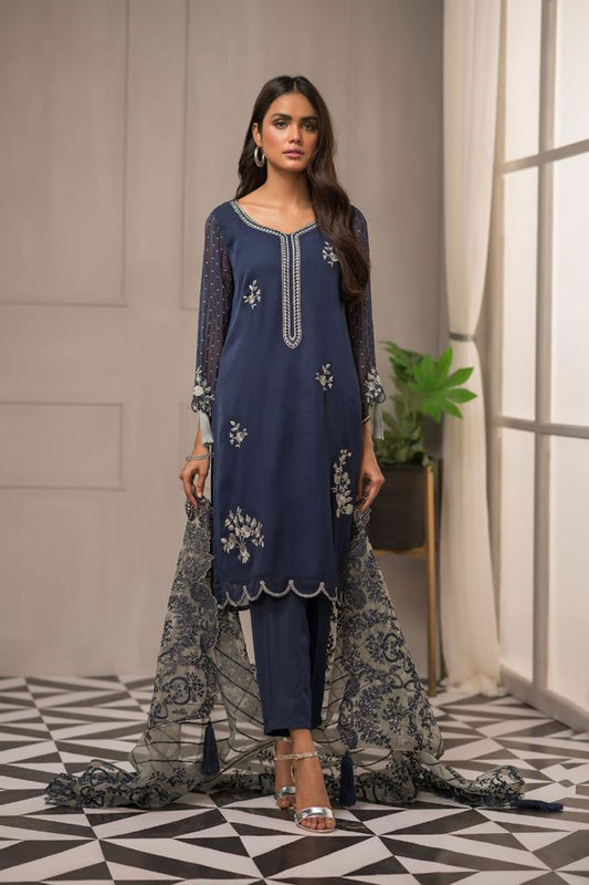 Blue Kurti with contrast Scalloped Dupatta