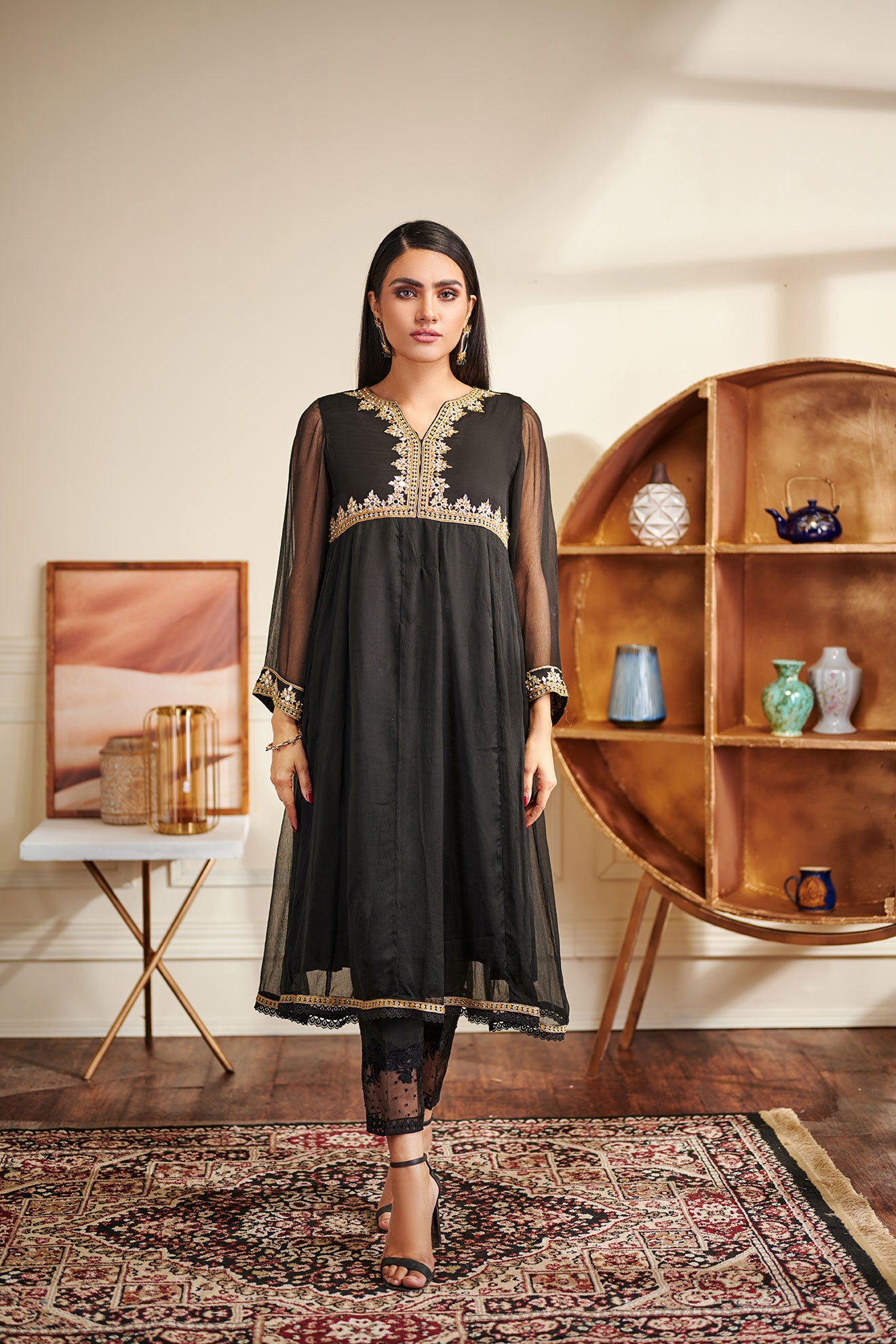 Black Chiffon Kurti with Mirror and Gota Embroidery