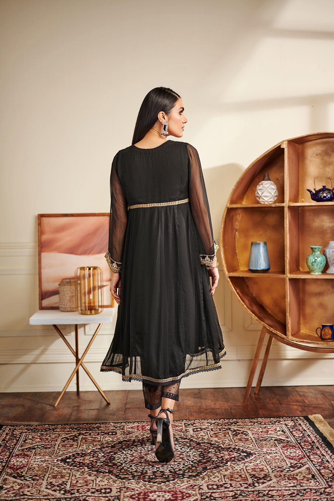 Black Chiffon Kurti with Mirror and Gota Embroidery