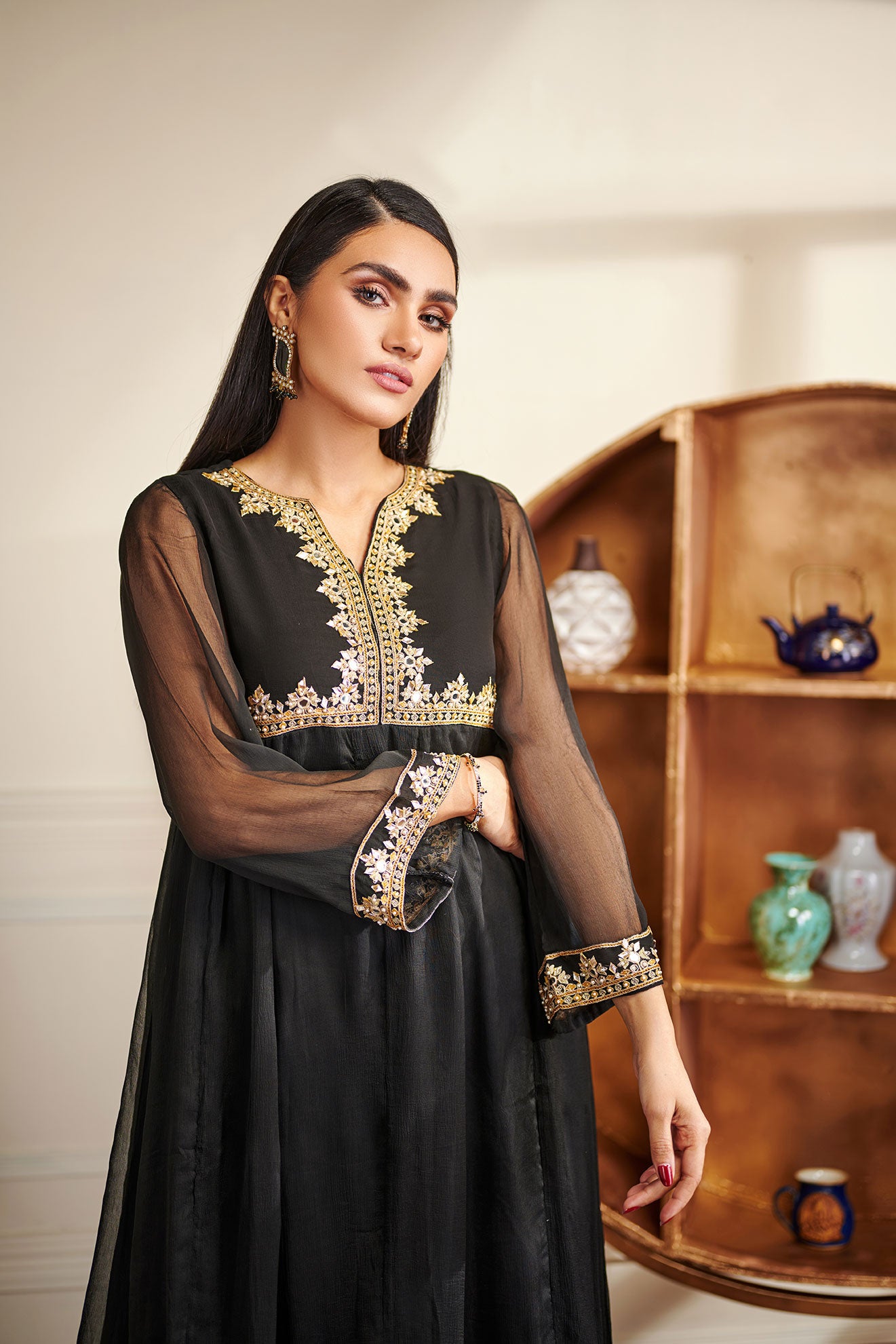 Black Chiffon Kurti with Mirror and Gota Embroidery