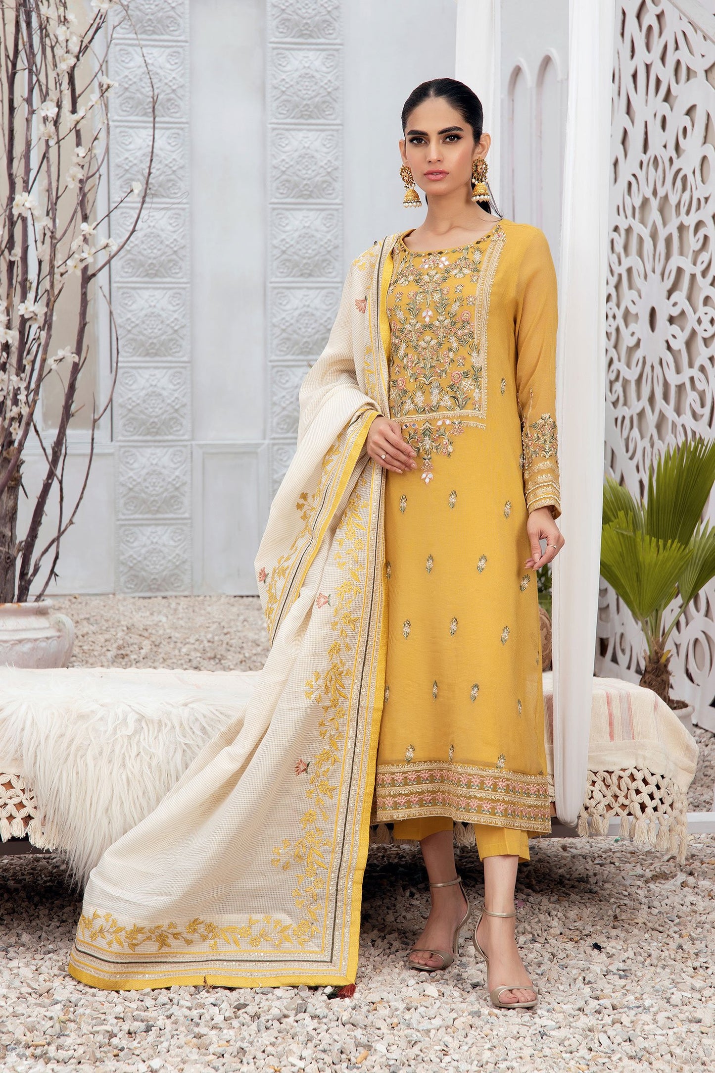 Yellow 3-Pcs Cotton Net  suit