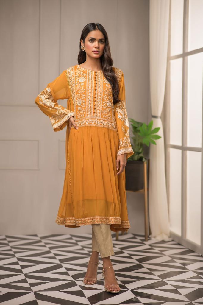 Yellow Kurti Style  with White embroidery